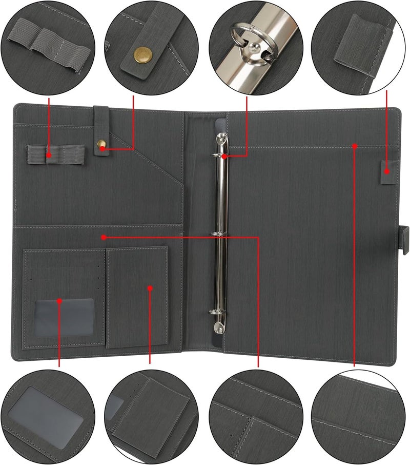 WONDERPOOL A4 PU Leather Portfolio Holder Ring File Document Case with Removable Binder Clipboard, Multi Pocket and Legal Pad for Business Organizer Interview and Meeting (Gray) - Image 5